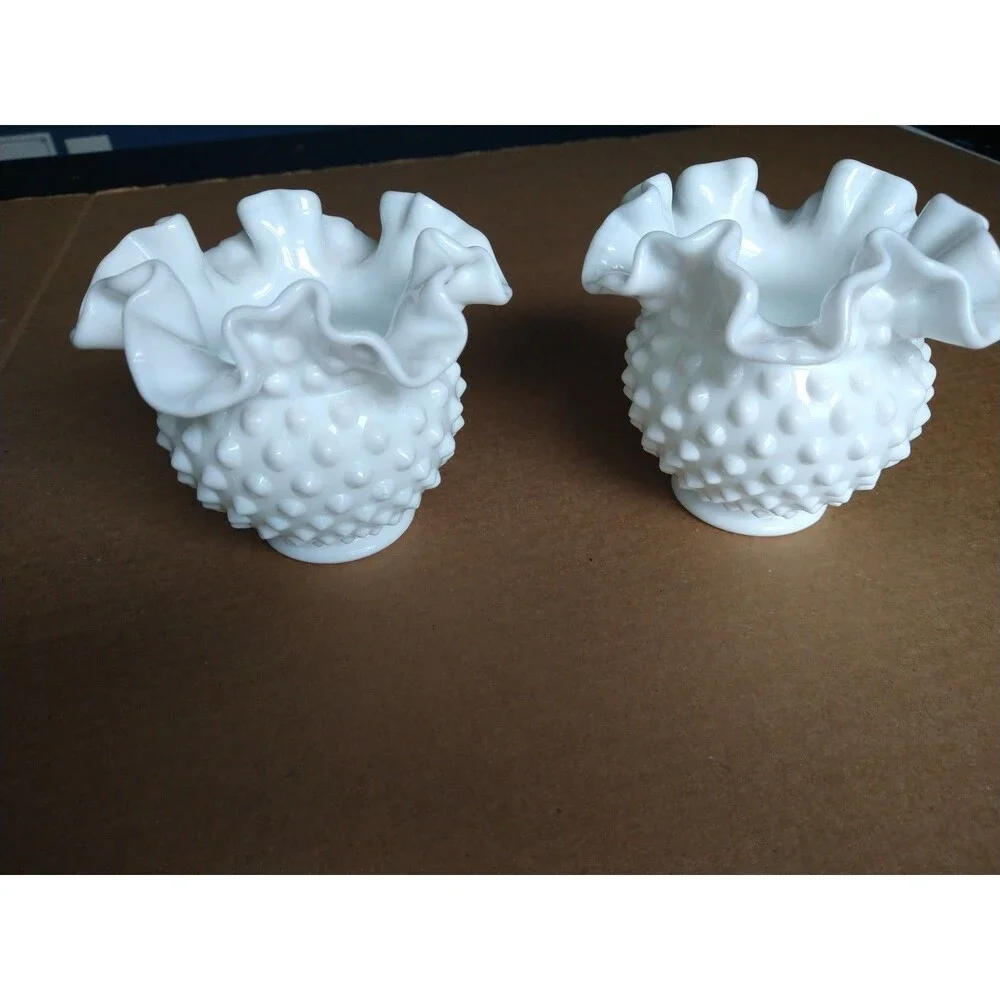 Set of 2 Fenton Milk Glass White Hobnail Ruffled Edge Small Bowl Vases Opaque